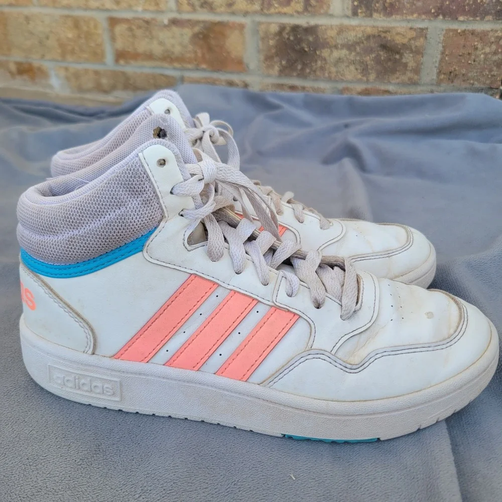 Adidas Hoops 2.0 Mid Sneakers White Coral‎ Pink Blue GW6110 Mens 4 Womens 5.5